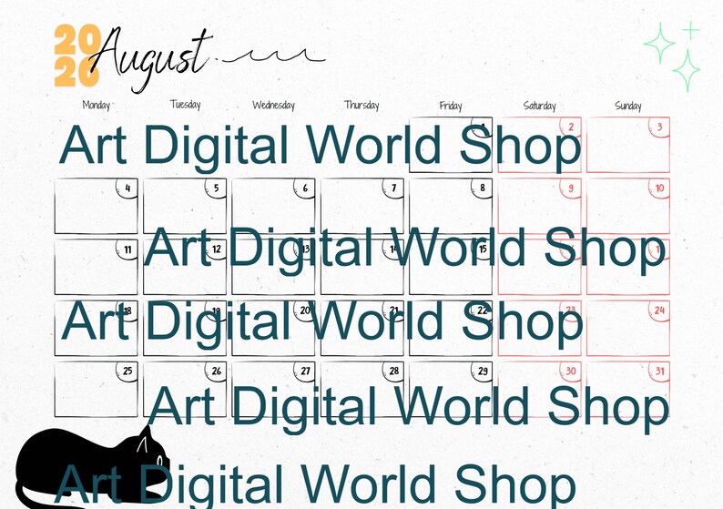 May include: A white calendar for August 2020 with a black cat silhouette in the lower left corner. The calendar grid is outlined in black, with the days of the week and dates displayed. The text "Art Digital World Shop" is repeated throughout the calendar.