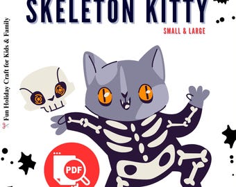 Szkielet Kotka z papieru na Halloween | Model małego i dużego kota do druku