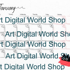 May include: A January 2020 calendar with a minimalist design. The calendar grid is outlined in black, with the days of the week and dates displayed. The text "Art Digital World Shop" is repeated throughout the calendar. A black cat in a red box is in the bottom right corner.