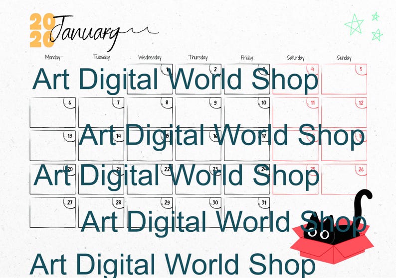 May include: A January 2020 calendar with a minimalist design. The calendar grid is outlined in black, with the days of the week and dates displayed. The text "Art Digital World Shop" is repeated throughout the calendar. A black cat in a red box is in the bottom right corner.