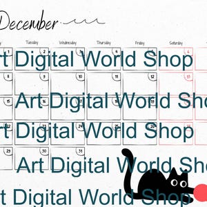 May include: A December 2020 calendar with a playful design. The calendar features the text "Art Digital World Shop" on each day. A black cat with a red ball of yarn is in the lower right corner. Teal hearts are in the upper right.