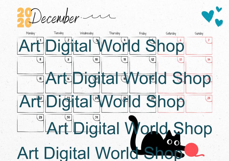 May include: A December 2020 calendar with a playful design. The calendar features the text "Art Digital World Shop" on each day. A black cat with a red ball of yarn is in the lower right corner. Teal hearts are in the upper right.