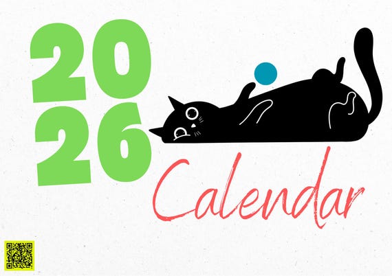 2026 Cute Cat Calendar | 12 Month Printable Digital Planner