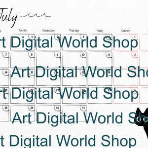 May include: A July 2020 calendar with a black cat illustration and purple hearts. The calendar grid has the text "Art Digital World Shop" repeated throughout. The month and year are in yellow.