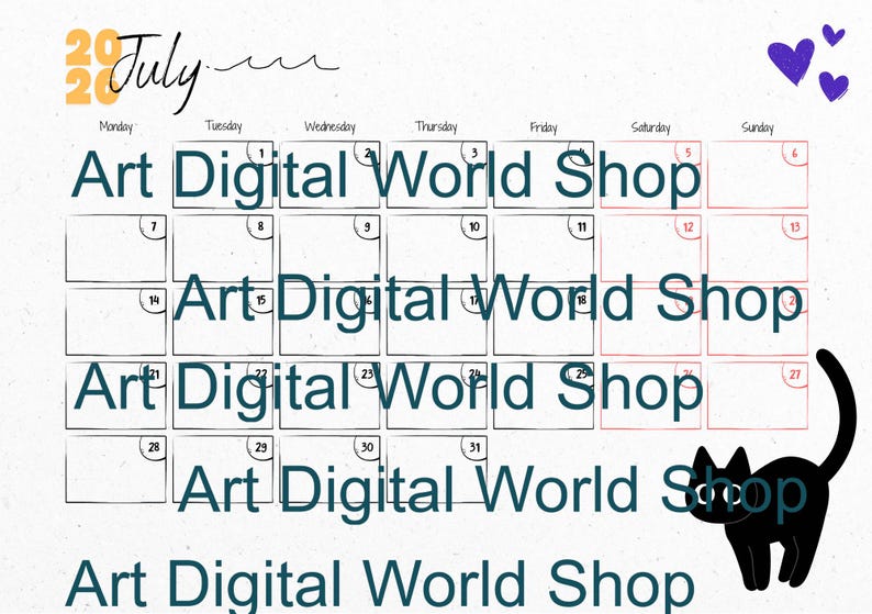 May include: A July 2020 calendar with a black cat illustration and purple hearts. The calendar grid has the text "Art Digital World Shop" repeated throughout. The month and year are in yellow.