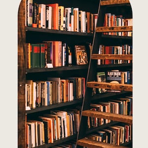 May include: A wooden bookshelf filled with a variety of books. The books have different colored spines and sizes. A metal ladder leans against the bookshelf, providing access to the upper shelves. The image has a warm, inviting tone, suggesting a cozy reading space.