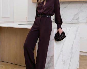 Stylish women’s chocolate trousers in crepe diagonal fabric wide leg design classic brown pants perfect for office and evening wear
