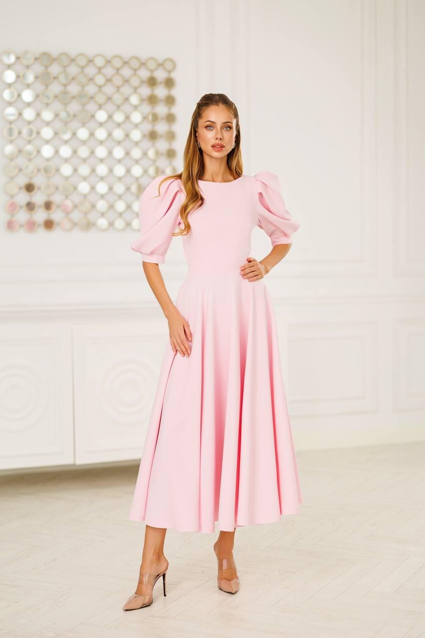 Pink wedding guest dress -- puff sleeve open back dress for women Pink wedding guest dress -- puff sleeve open back dress for women