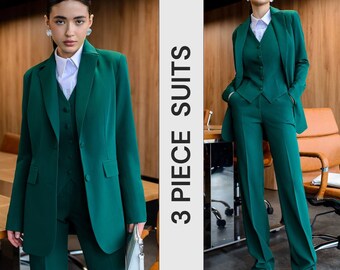 Emerald green 3 piece suit, womens suit, womens pant suit, vest pants suit set