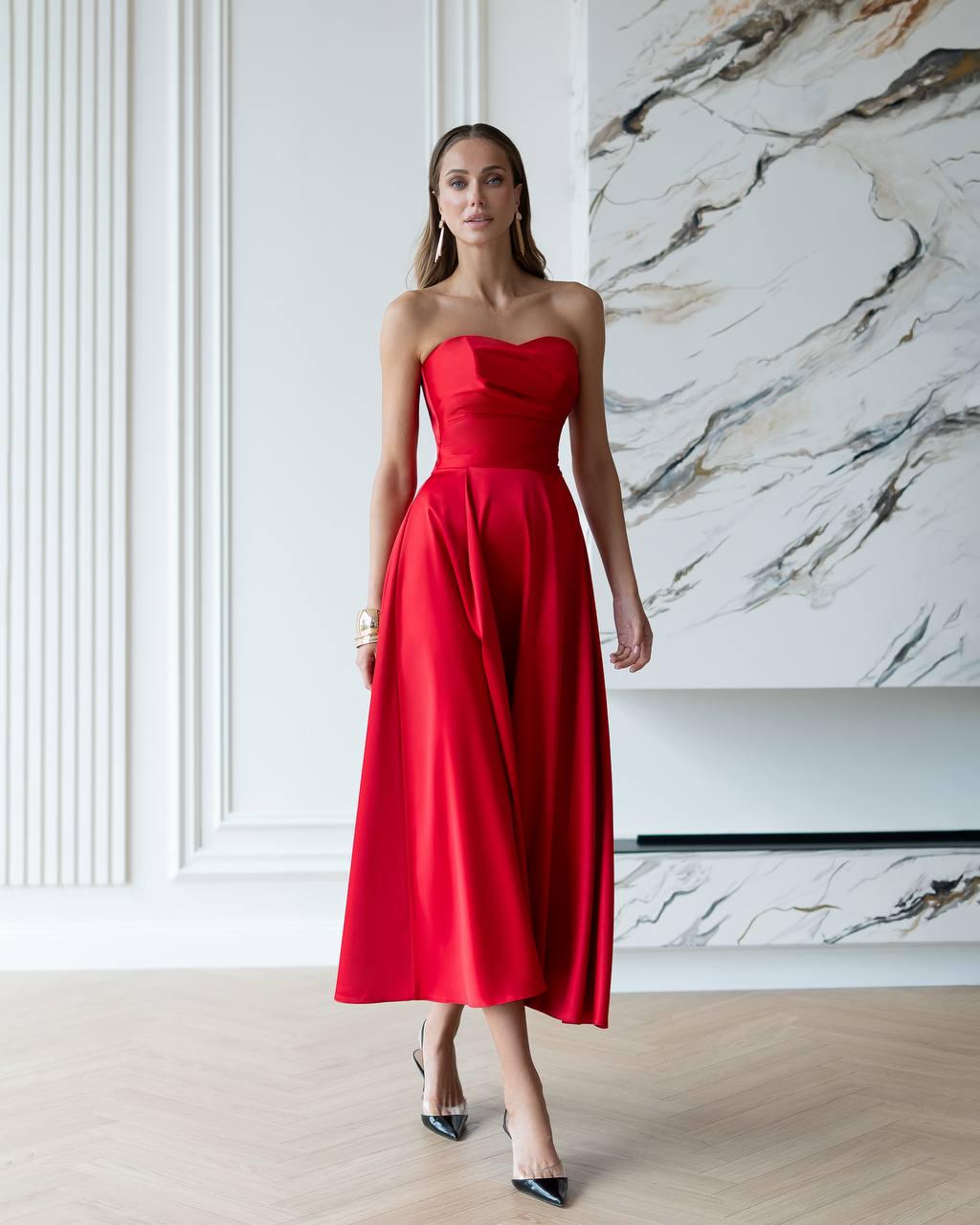 Red Satin Corset Midi Dress: Elegant Strapless A-line Evening Gown - Etsy