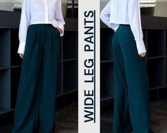 Pantalon femme vert émeraude, pantalon taille haute avec poches extra longues