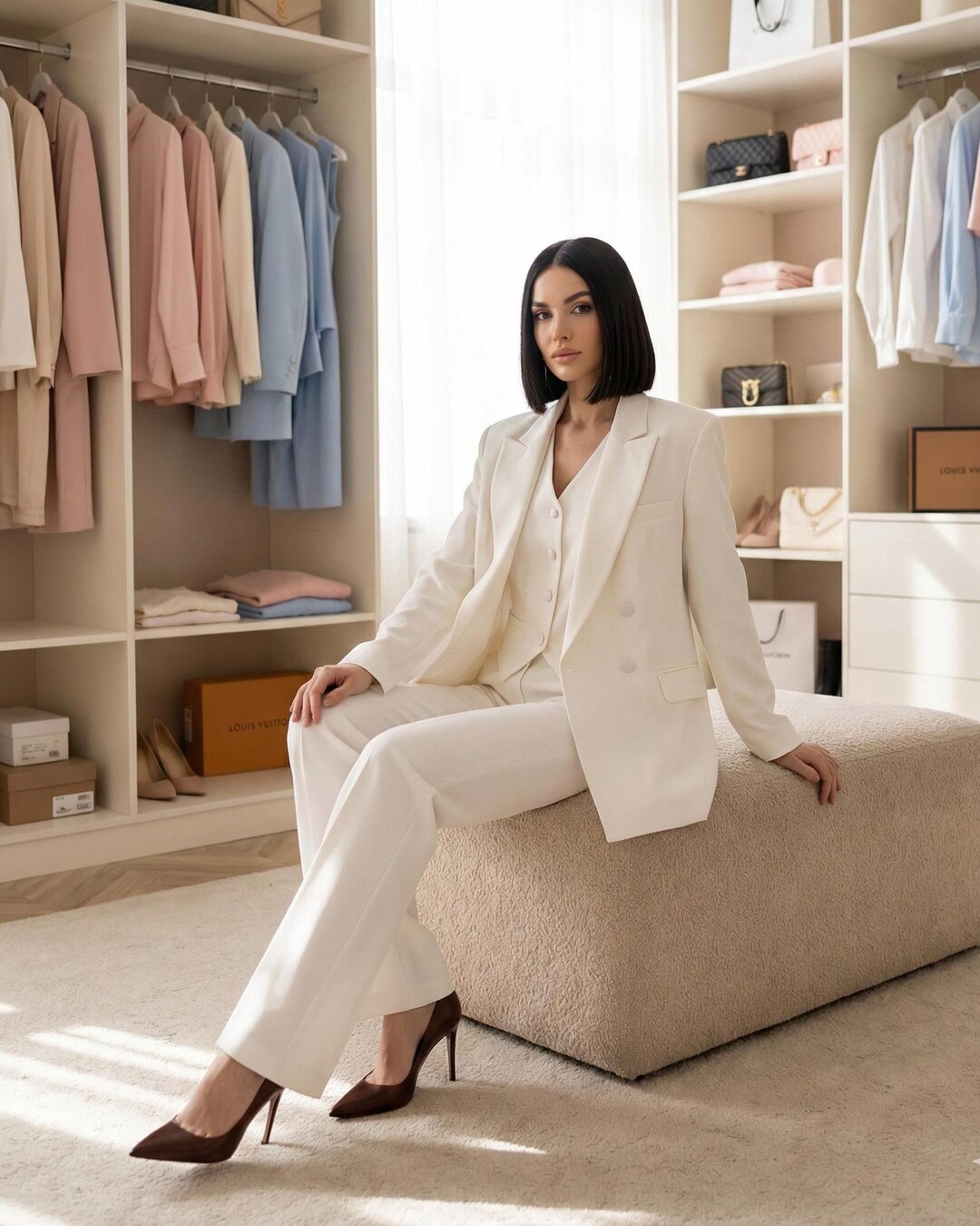 White Womens 3 Piece Suit, Dressy Pant Suits, Wedding Guest Suit White Womens 3 Piece Suit, Dressy Pant Suits, Wedding Guest Suit