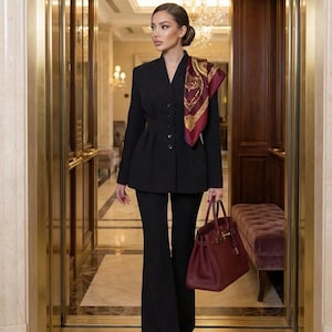 Könnte beinhalten: Ein schwarzer Anzug mit ausgestellter Hose, passendem Blazer und bordeauxfarbenem Schal. Eine bordeauxfarbene Handtasche wird getragen. Die Kulisse ist ein luxuriöses Interieur mit goldenen Akzenten und Marmorboden.
