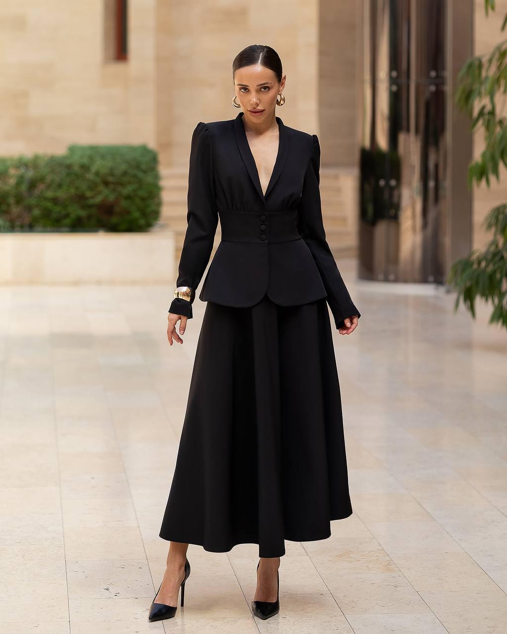 Black Elegant Skirt Suit – Structured Peplum Blazer and Flared