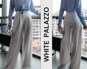 Pantalon large blanc, pantalon blanc, pantalon palazzo blanc, pantalon de mariage,