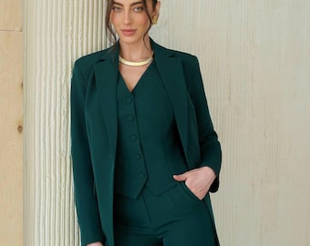 Costume trois pièces vert émeraude pour femme avec gilet et veste doublée - Style professionnel classique