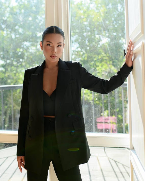 Handmade Mocha Womens Suit: Lined Jacket, Modern Top & Wide-leg