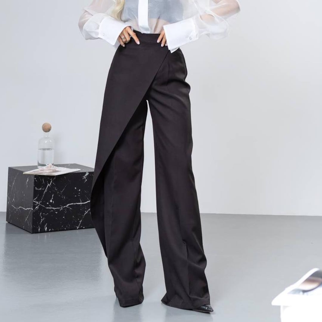 パンツ Asymmetrical waist wide straight slacks Verdusa Women's Color Block Asymmetrical High Waist Button
