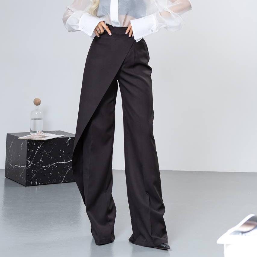 パンツ Asymmetrical waist wide straight slacks Asymmetrical Contrast Waistband Wide Leg Dress Pants | COMMENSE