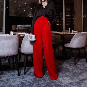 Red Palazzo Pants, Red Womens Pants, Wide leg pants