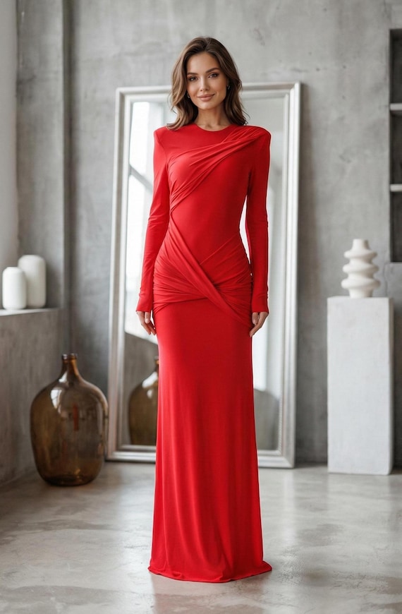 slim fit dress slacks in That Moment Long Sleeve Ruched Maxi Dress ‍ Mermaid Way, Red / M
