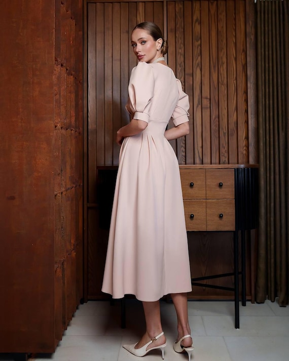 knee length dresses for ladies Floral-Print Wedding-Guest Dress with Short Sleeves– PromGirl main image 1