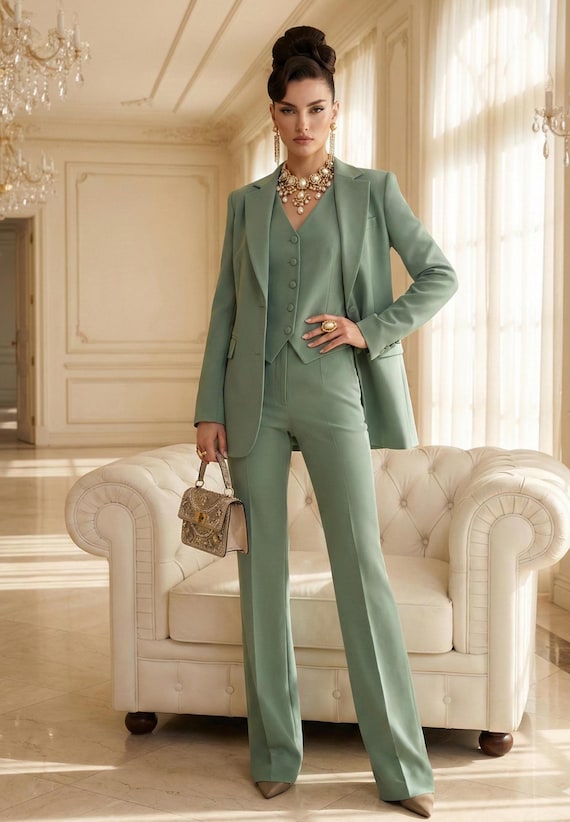 Olive Green Three-piece Women's Suit: Blazer, Vest & Trousers - Etsy Israel