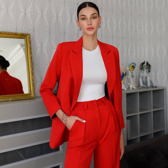 Red Wide Leg Suit: Polished Tiar Fabric Blazer, Elegant Two Piece