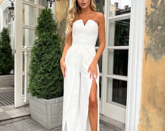 White Crepe Wedding Jumpsuit: Elegant Formal Wide Leg Bridal Outfit