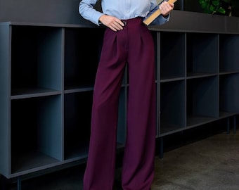 Burgundy Palazzo Pants: High-Waisted Wide Leg Trousers with Pockets