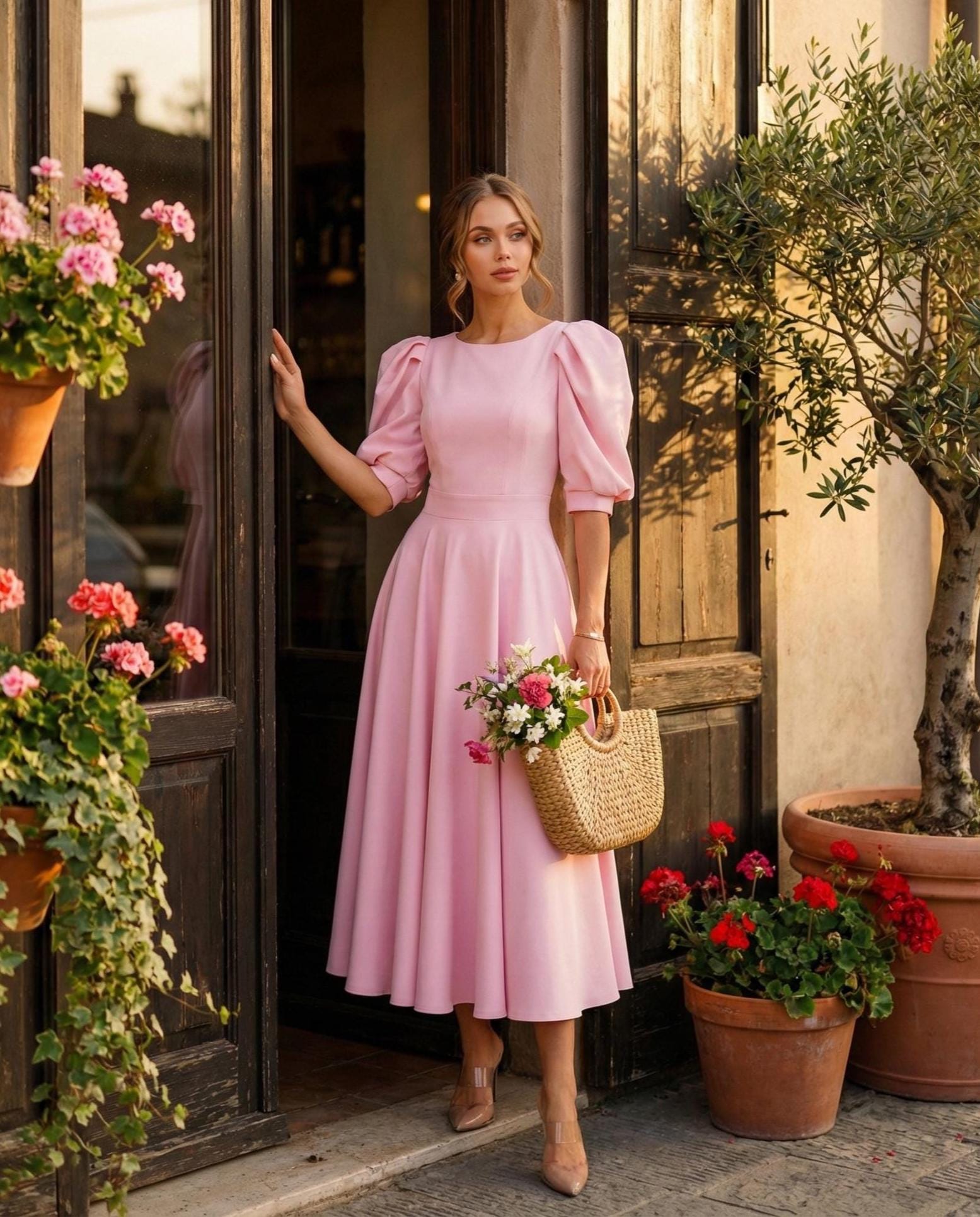 Pink wedding guest dress -- puff sleeve open back dress for women Pink wedding guest dress -- puff sleeve open back dress for women