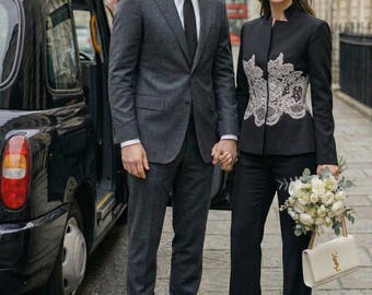 Dressy Womens Suit Palazzo pants set in black with structured blazer and contrast floral lace