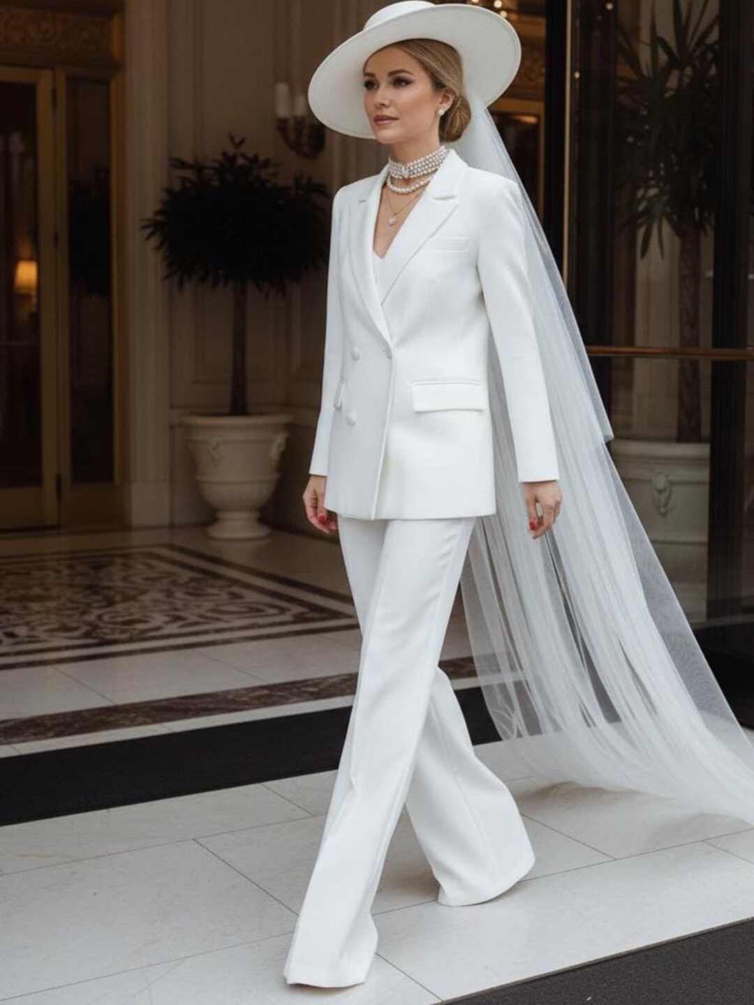 Luxury White Three-piece Ladies Suit Trouser: Lined Jacket, Top