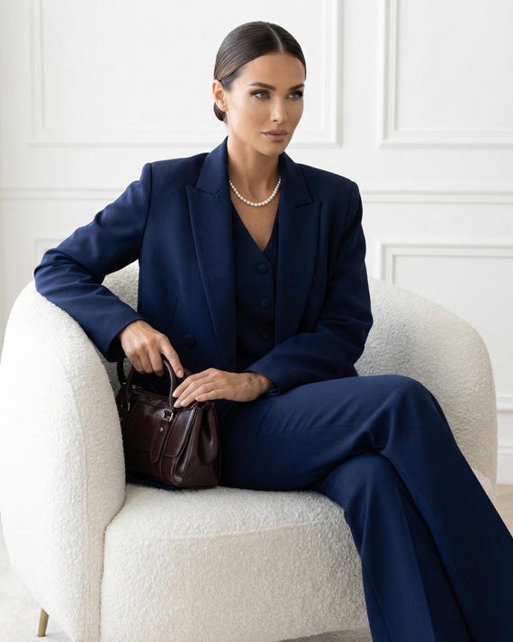 Dark Blue Three-Piece Pantsuit: Tailored Suit Crepe, Wide Leg