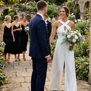 Könnte beinhalten: Eine Braut in einem weißen Jumpsuit mit überkreuztem Neckholder-Ausschnitt hält einen Strauß weißer Blumen. Ein Bräutigam in einem marineblauen Anzug steht ihr gegenüber. Brautjungfern in schwarzen Kleidern und Bräutigame in marineblauen Anzügen im Hintergrund.