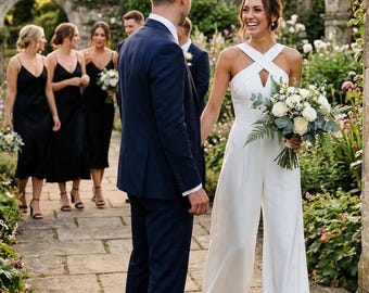 White bridal jumpsuit, Chic wedding jumpsuit for bride with wide legs and cros straps