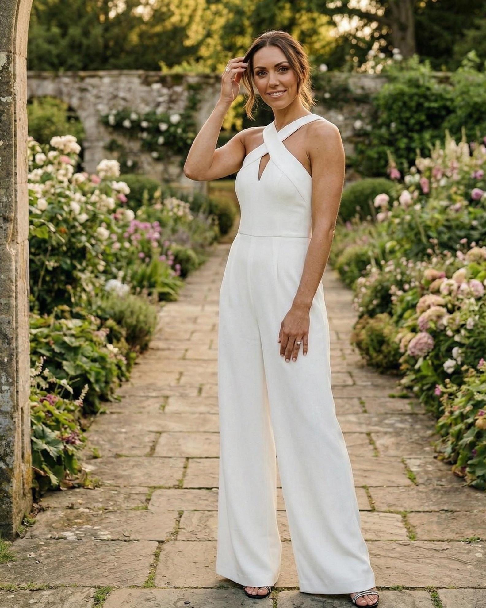 White bridal jumpsuit, Chic wedding jumpsuit for bride with wide legs and cros straps