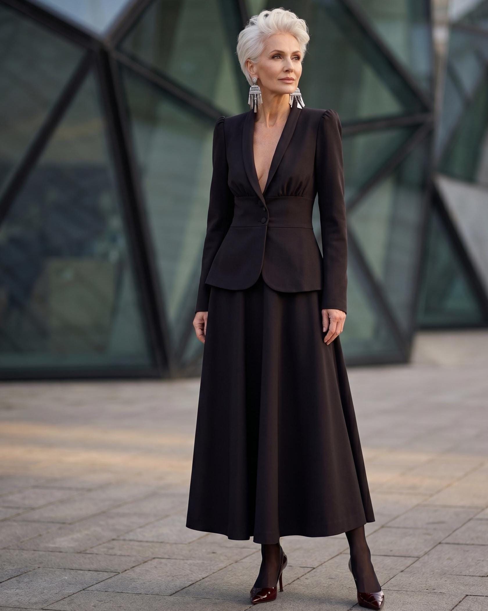 Black Elegant Skirt Suit – Structured Peplum Blazer and Flared