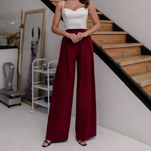 Burgundy High Waisted Pants, Chic Burgundy Wide Leg Trousers for Women, Elegant High Waisted Palazzo Pants,