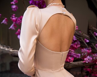 Champagne satin cocktail midi dress, Long sleeve midi dress with open back