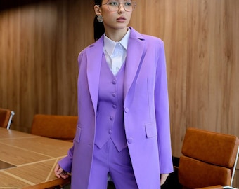 Ensemble violet 3 pièces pour femme, costumes pantalons habillés, costume d'invité de mariage