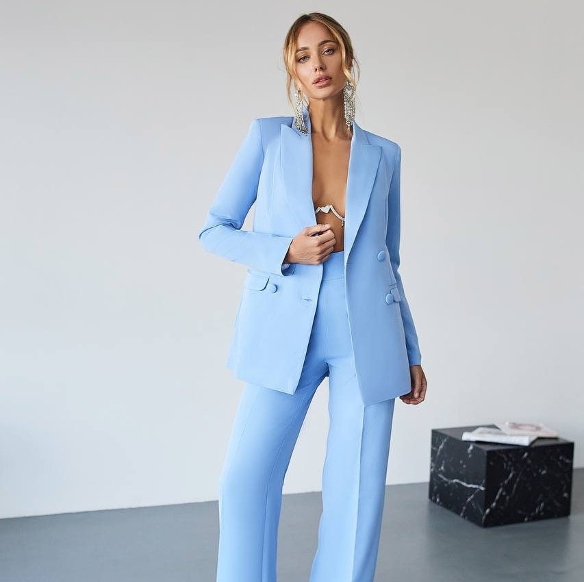 blue women's dress pants Blue Chiffon Prom Dresses Women Long Sleeves Formal Wedding Party Dres –  formalgowns main image 1