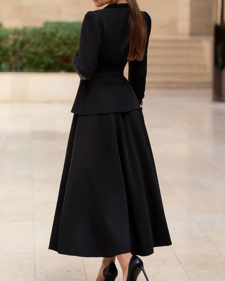 Black Elegant Skirt Suit – Structured Peplum Blazer and Flared