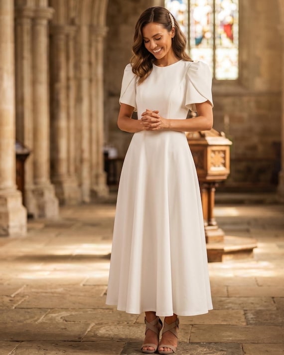 White Puff Sleeve Midi Dress for Baptism, Modest Christening Gown for  Women, Elegant Church Confirmation Dress, Minimalist Catholic Wedding -  Etsy UK
