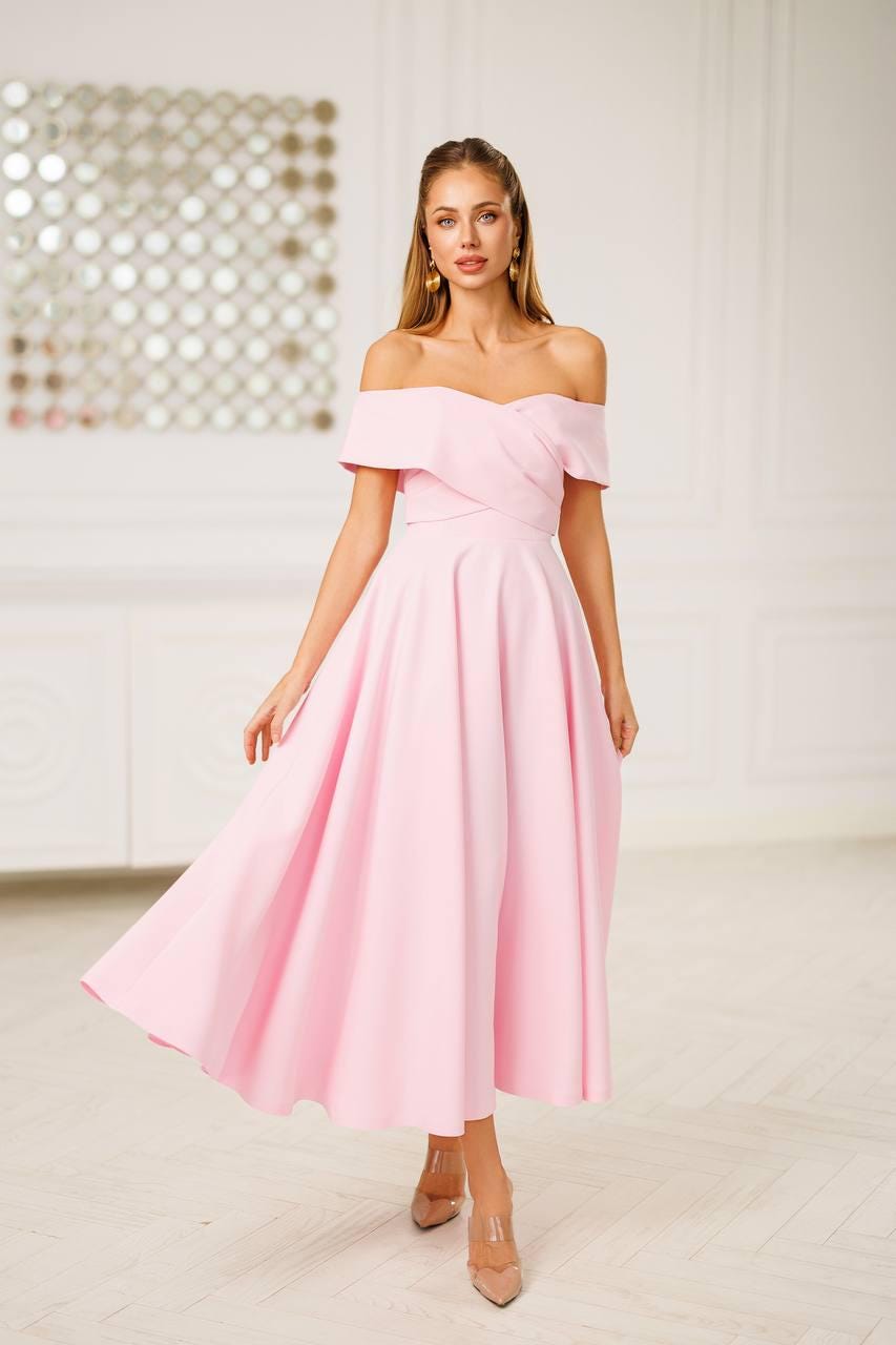Pink Dress for Women Off Shoulder -- Elegant Flared Cocktail Dress in Diagonal Crepe