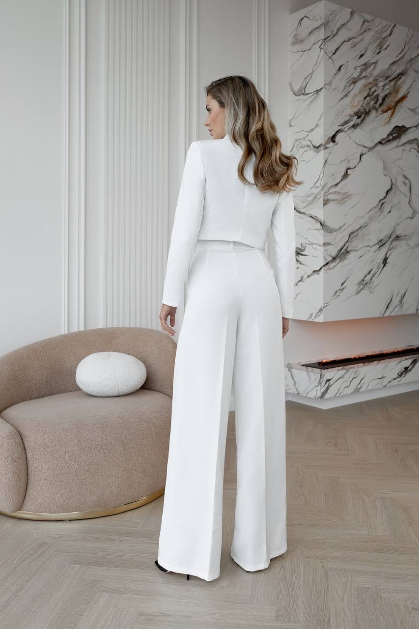 Blanique | White Zip Crop Top & Wide-Leg Pants Co-ord Set with Contrast Stripes main image 1