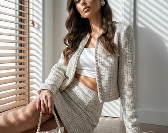 White tweed skirt suit: jacket and mini skirt set for courthouse wedding