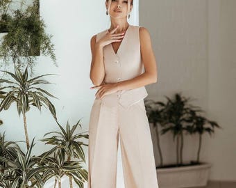 Beige Linen Pantsuit: Wide Leg Trousers and Vest Womens Suit Set