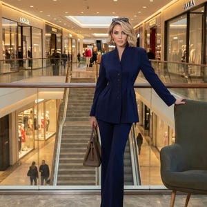 Op de afbeelding: Een marineblauw pak met een getailleerde blazer en uitlopende broek. De blazer heeft een knoopsluiting en een peplum taille. Een bruine handtas wordt vastgehouden. De achtergrond toont een winkelcentrum met winkels zoals Chanel en Zara.