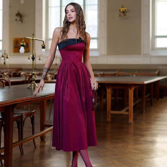 Burgundy Corset Cocktail Dress With Black Satin Bow and Cotton - Main Image